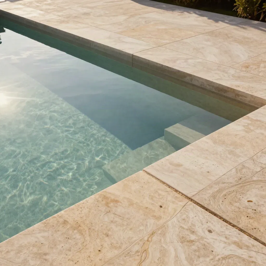 Piscine enterrée en pierre calcaire, eau calme et terrasse lumineuse.