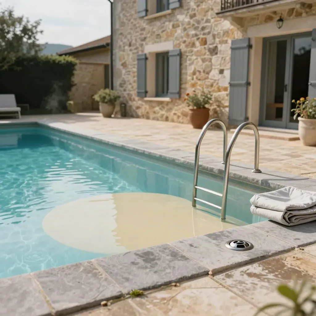 Cour de gîte rénovée avec piscine neuve, margelles sable et façade en pierre chaude.