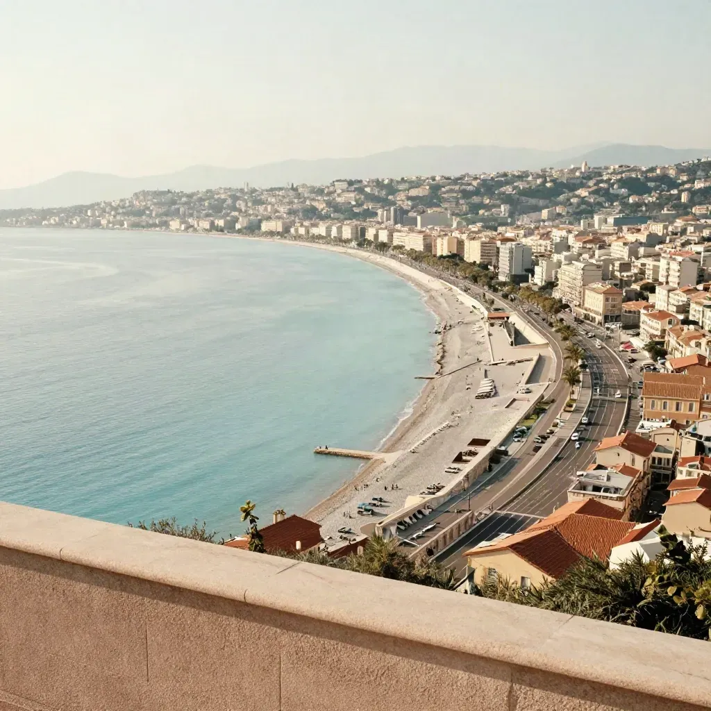 Vue panoramique de Nice et de la baie sous une lumière dorée et une brume marine.